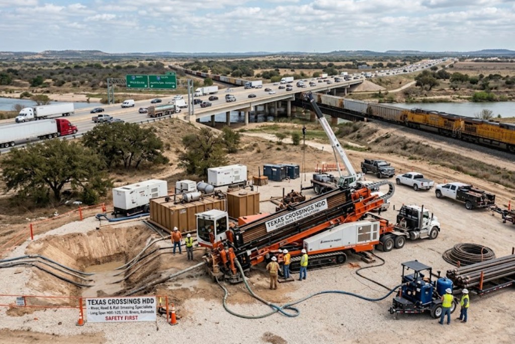 Directional drilling well pad with derrick, mud pits, and drill pipe staged in Arizona high desert