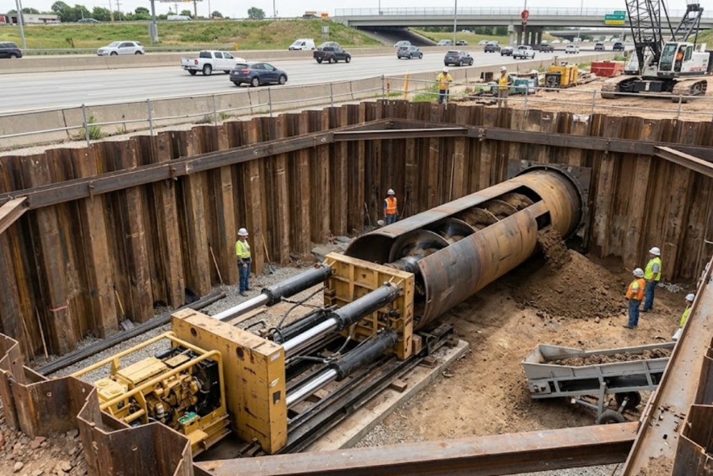 Horizontal auger boring machine in sheet-pile shored pit on a Arizona desert highway crossing