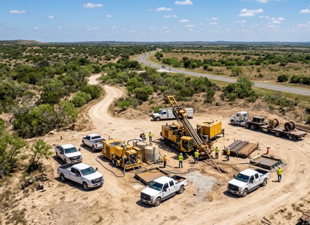 aerial view of directional drilling spread above Sonoran Desert pumpjack rows in southeast Arizona