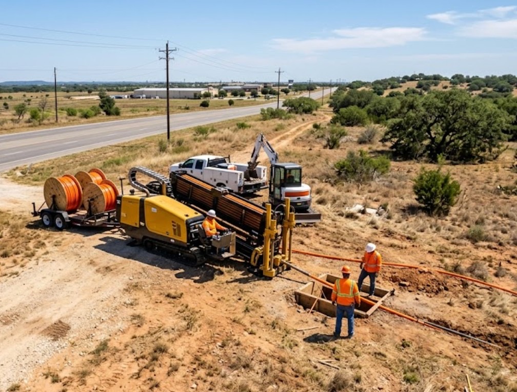 Vermeer directional drill with orange and yellow conduit spools on an open Arizona desert bore site