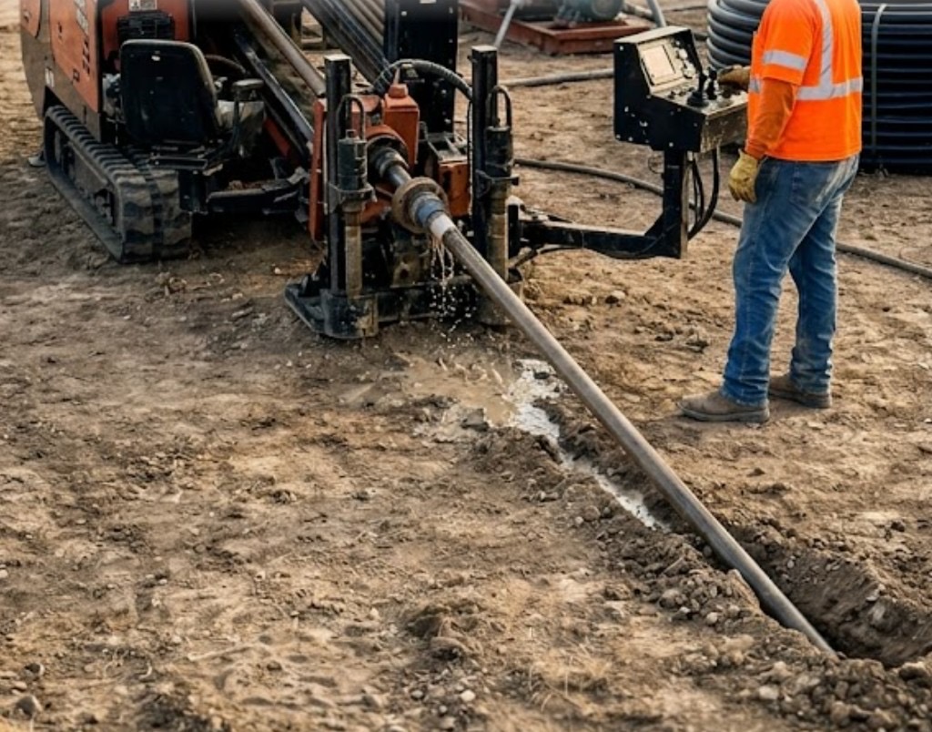 Directional boring process in Arizona — aerial view of Vermeer HDD rig, potable water truck, and staged utility pipe on a Arizona highway crossing site