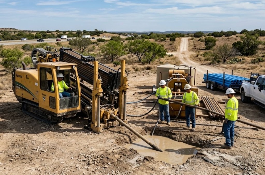 Iron Desert HDD rig with conduit reels and traffic control on a Arizona highway shoulder